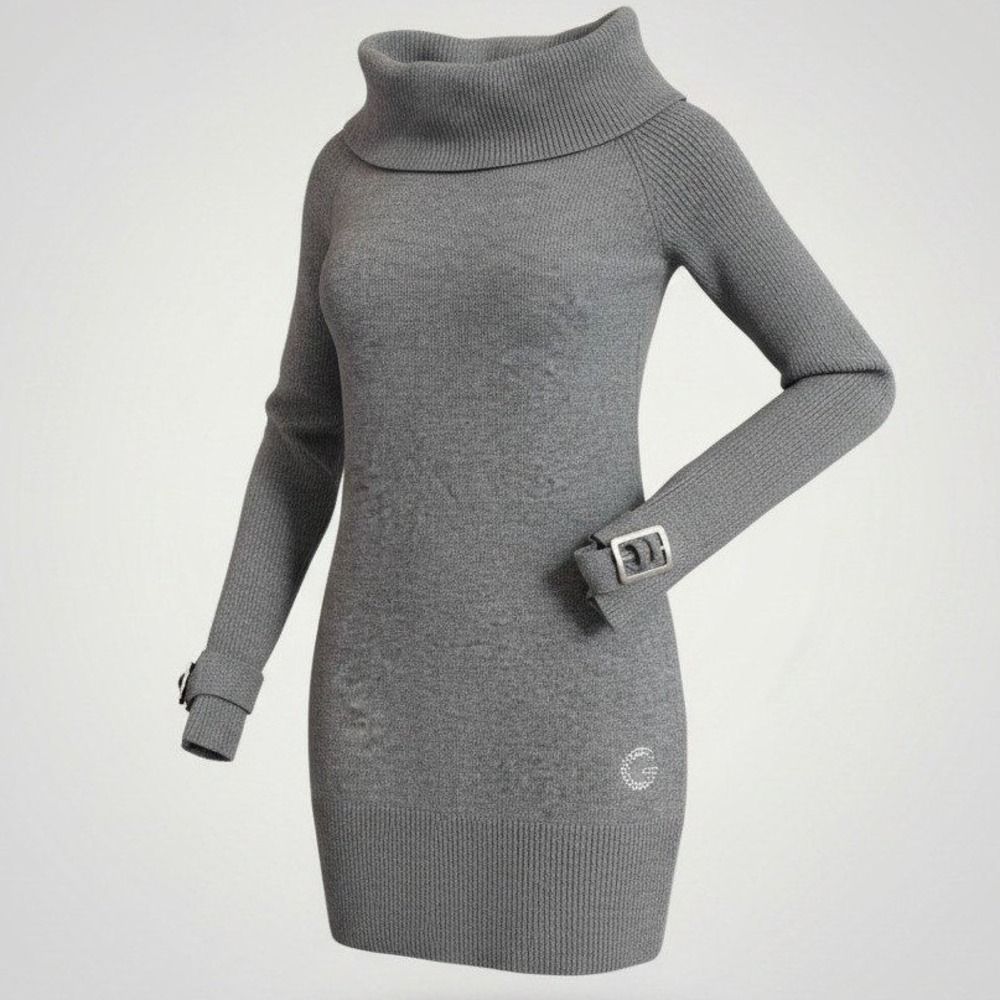 Guess Sweater Tunic Women XS Gray Cowl Rhinestone Buckle Cuff Y2K Glam Cozy Luxe